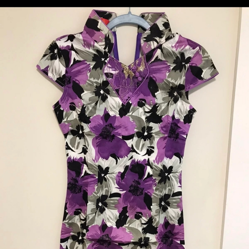 ChiPao Chinese flower print mini dress. XS